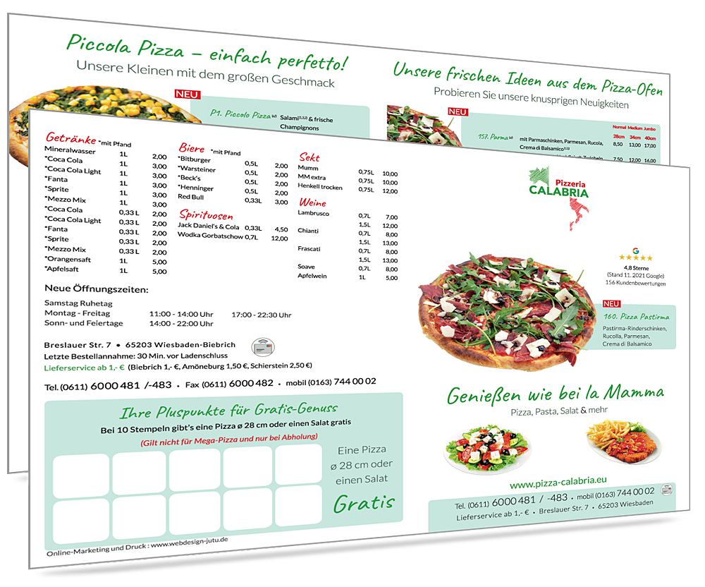 Druck und Gestaltung von Flyer, Falzfyler und Broschüren für Pizzeria in Wiesbaden.