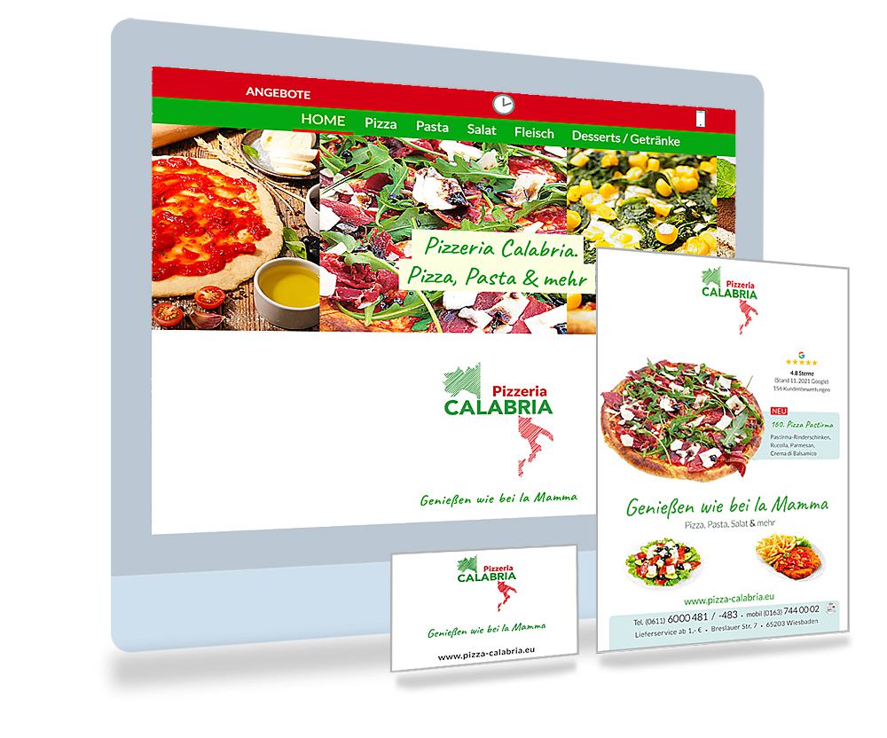 Pizza-Lieferdienst Webseite mit Local-SEO. Druck und Gestaltung von Flyer, Visitenkarten und Werbetechnik in Wiesbaden.